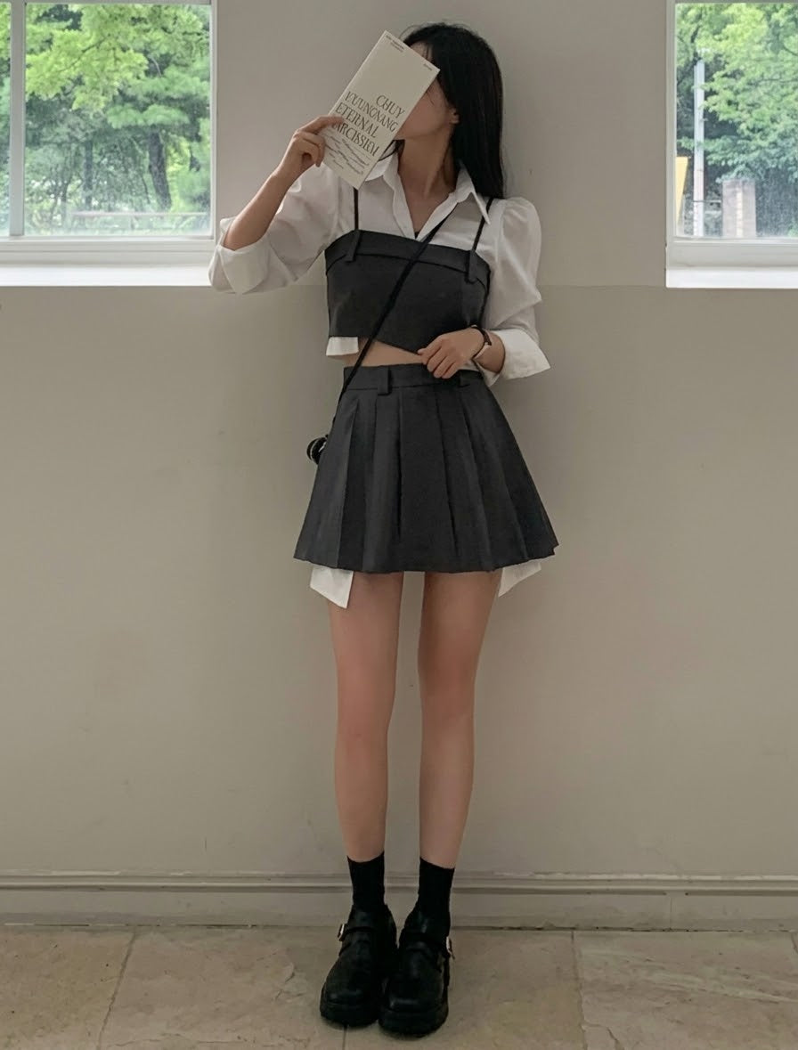 韓国風シャツレイヤードプリーツセットアップ