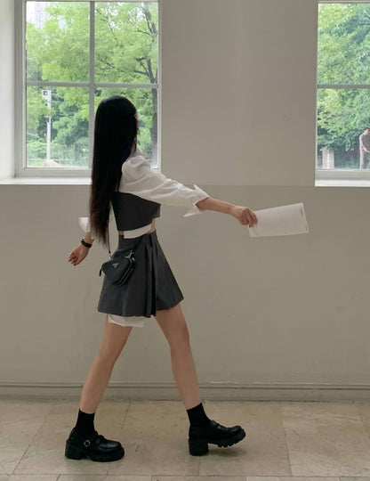 韓国風シャツレイヤードプリーツセットアップ