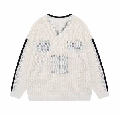 ナンバリングメッシュVネックルーズニット