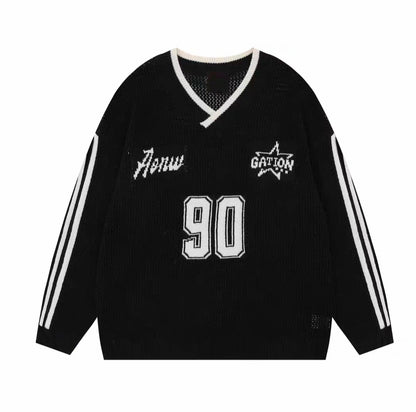 ナンバリングメッシュVネックルーズニット